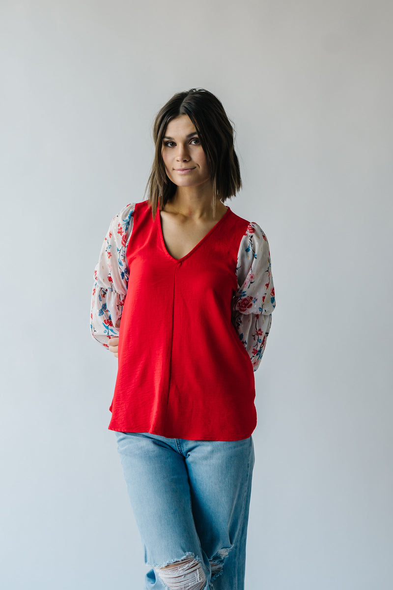 The Carine V-Neck Colorblock Blouse in Red + White