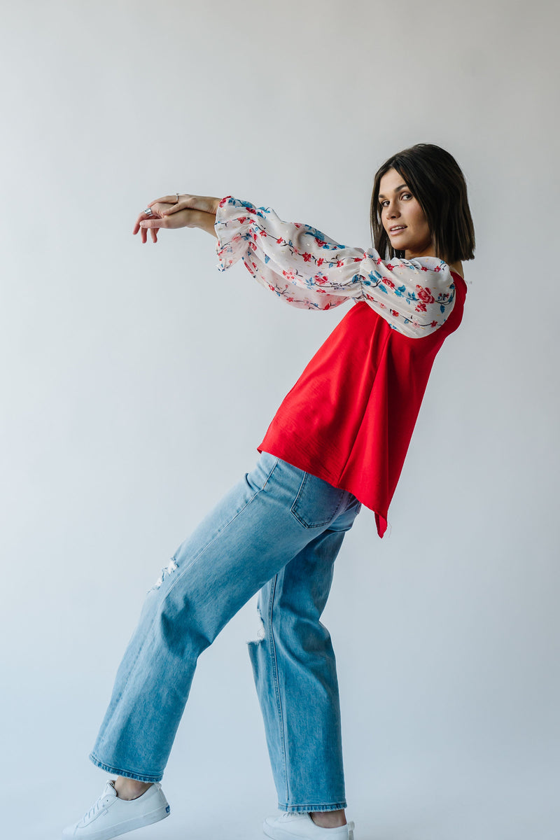 The Carine V-Neck Colorblock Blouse in Red + White