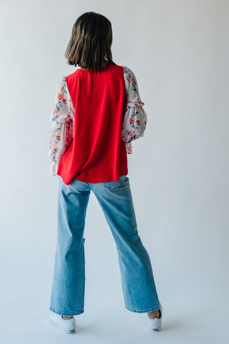The Carine V-Neck Colorblock Blouse in Red + White