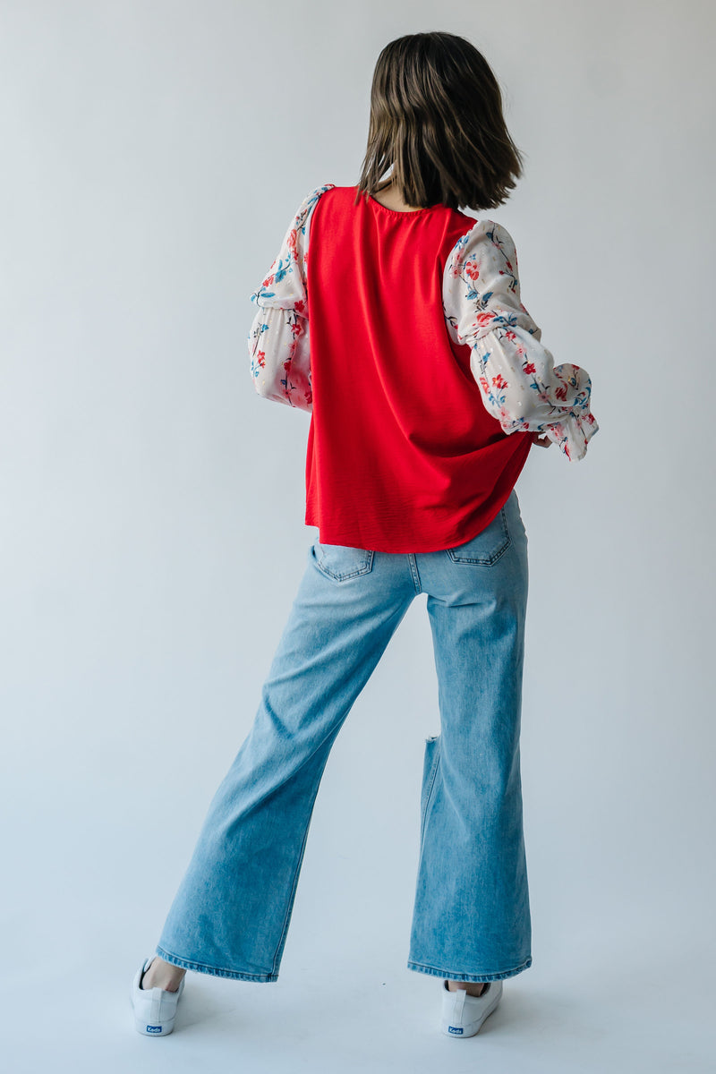 The Carine V-Neck Colorblock Blouse in Red + White