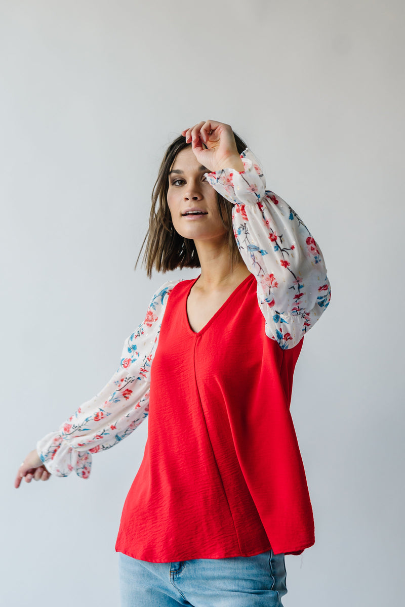 The Carine V-Neck Colorblock Blouse in Red + White