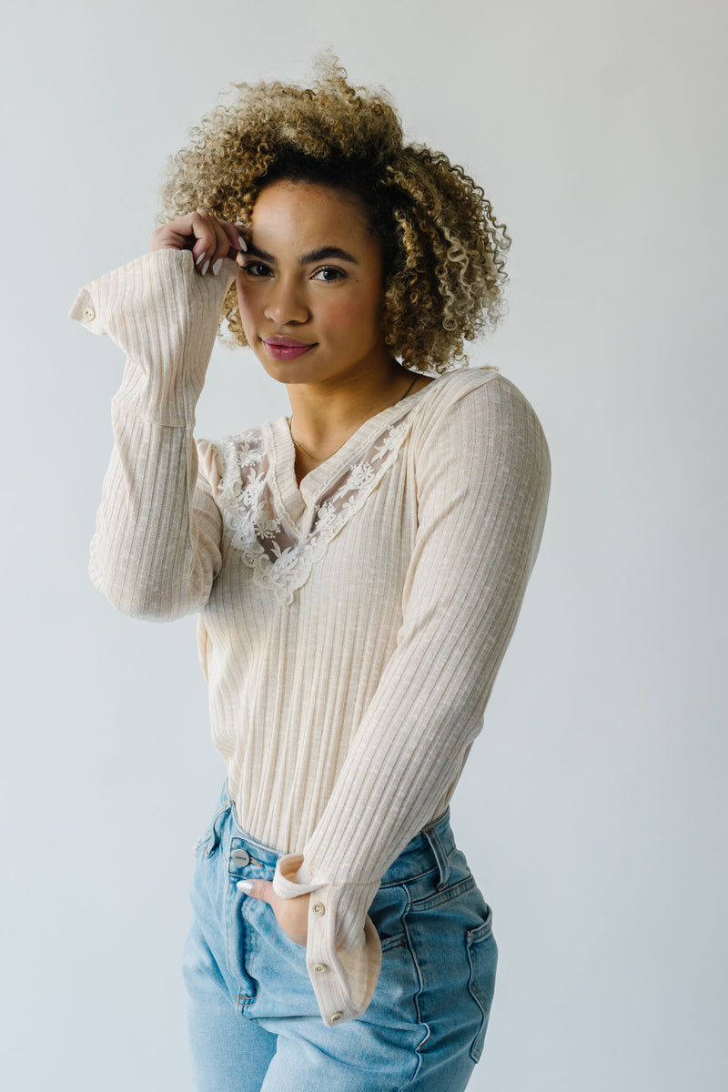 The Casimiro V-Neck Lace Detail Blouse in Oatmeal