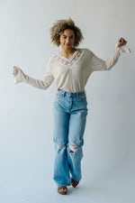 The Casimiro V-Neck Lace Detail Blouse in Oatmeal