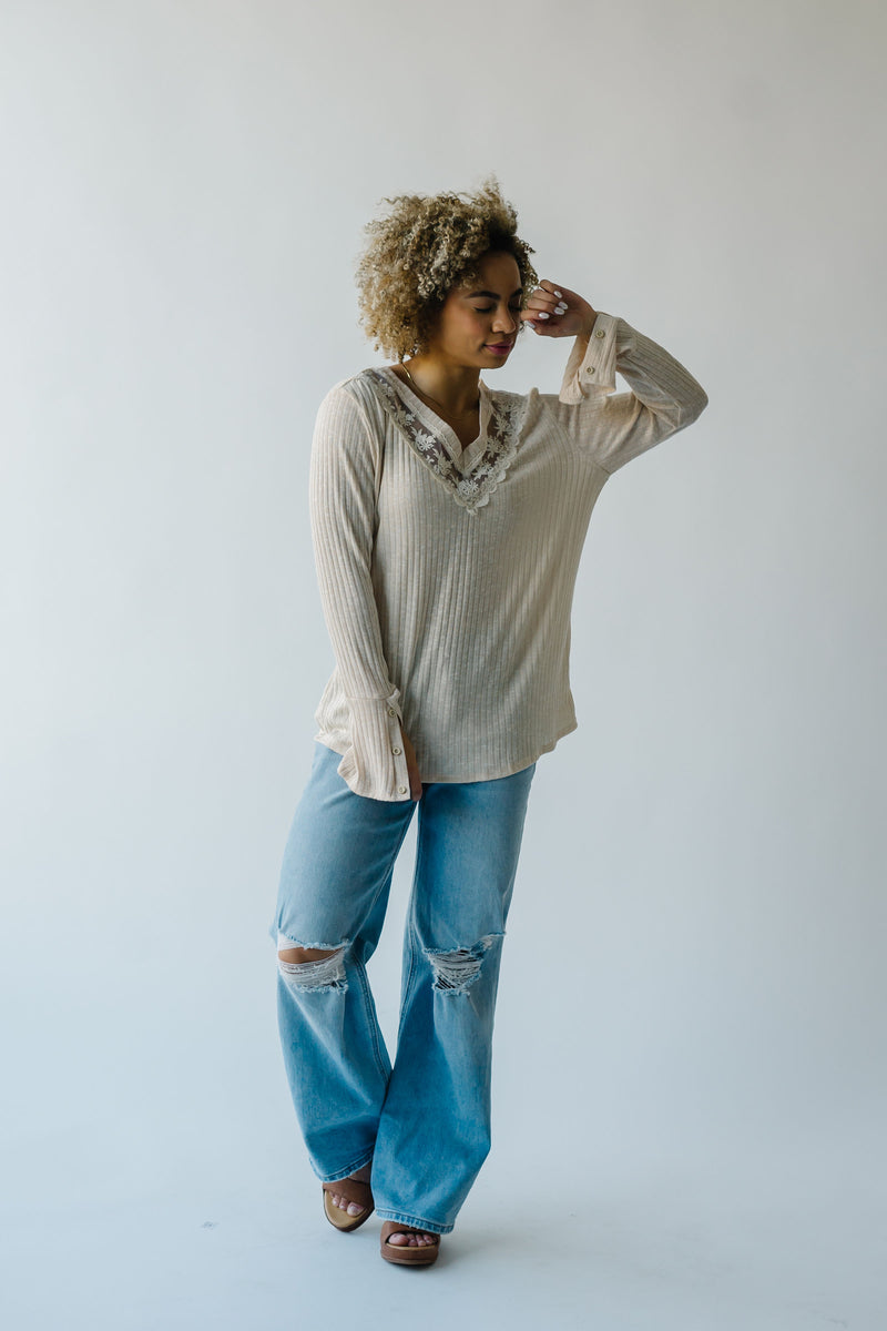 The Casimiro V-Neck Lace Detail Blouse in Oatmeal