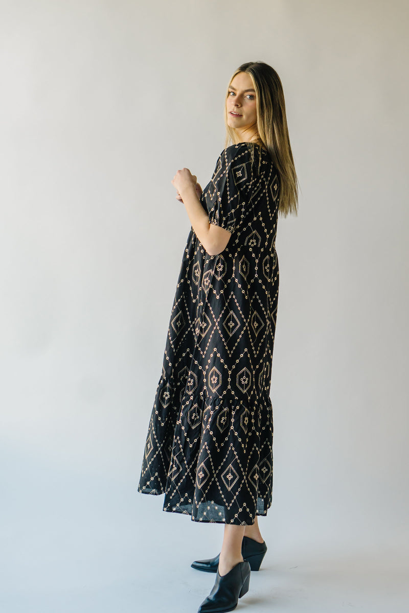 The Sonny Embroidered Detail Midi Dress in Black