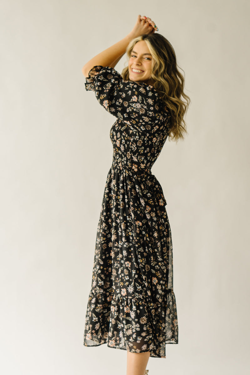 Piper & Scoot: The Kirkwood Floral Smocked Dress in Charcoal