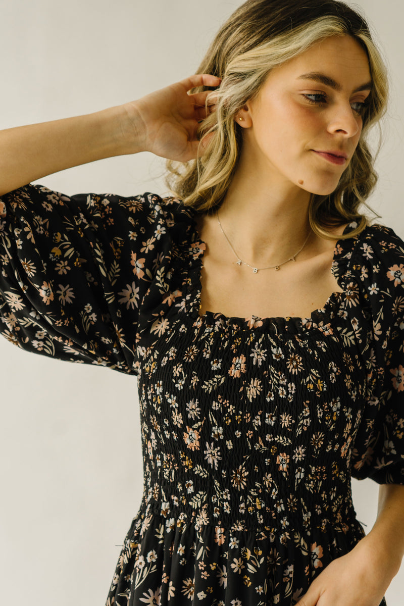 Piper & Scoot: The Kirkwood Floral Smocked Dress in Charcoal