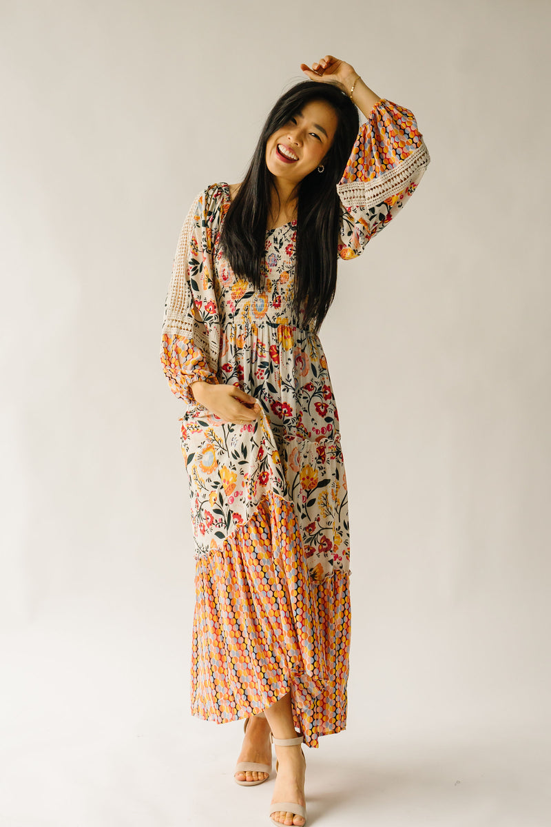 The Karanda Long Sleeve Patterned Dress in Ivory