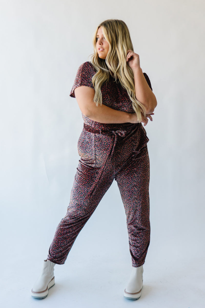 Piper & Scoot: The Bianca Cinch Jumpsuit in Ribbed Velvet in Pink Floral