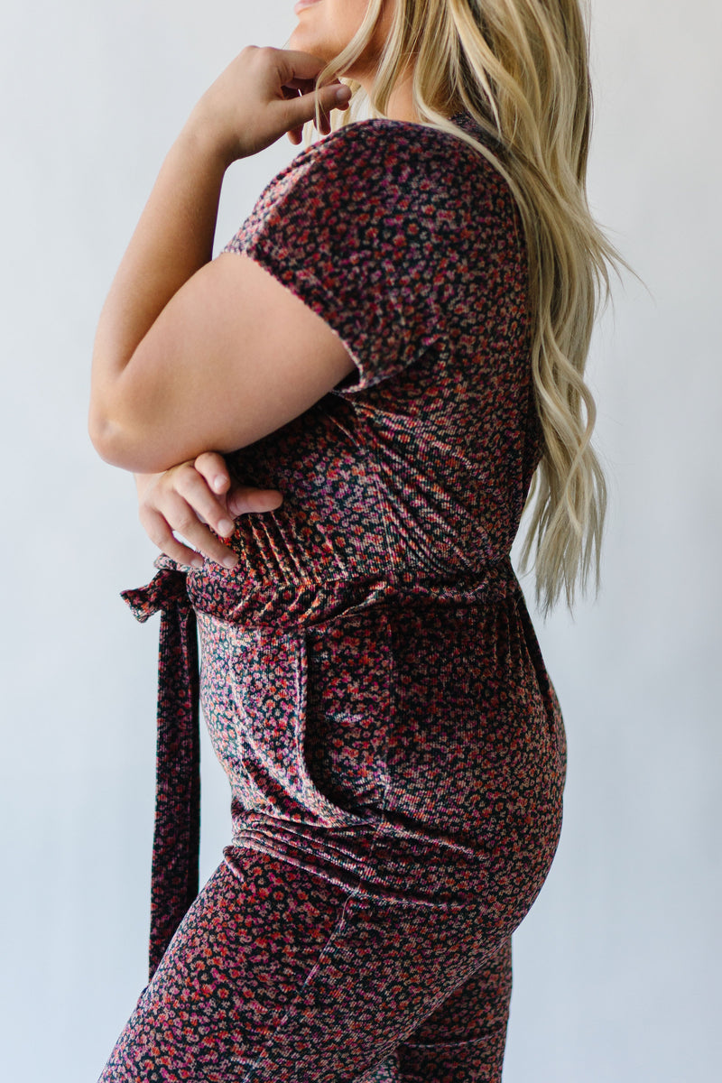 Piper & Scoot: The Bianca Cinch Jumpsuit in Ribbed Velvet in Pink Floral