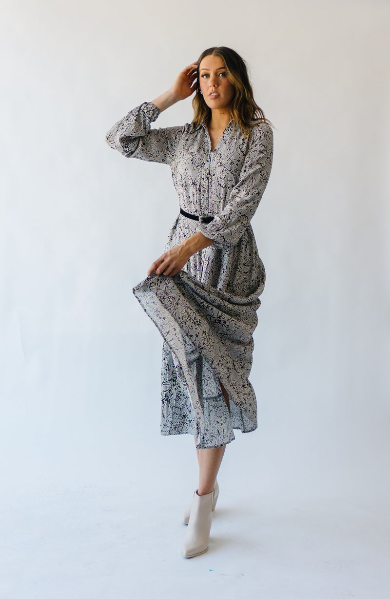 The Odom Belted Maxi Dress in Grey