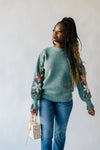 The Gina Embroidered Ruffle Detail Sweater in Aqua