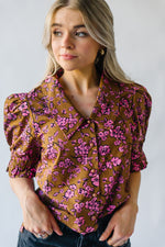 The Waimea Puff Sleeve Patterned Blouse in Brown, studio shoot; front viewin Brown