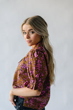 The Waimea Puff Sleeve Patterned Blouse in Brown, studio shoot; front viewin Brown