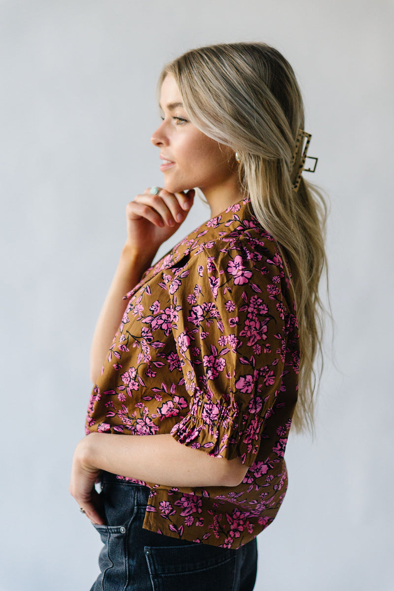 The Waimea Puff Sleeve Patterned Blouse in Brown, studio shoot; side view