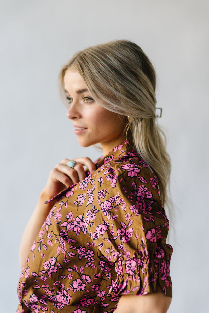 The Waimea Puff Sleeve Patterned Blouse in Brown, studio shoot; side view