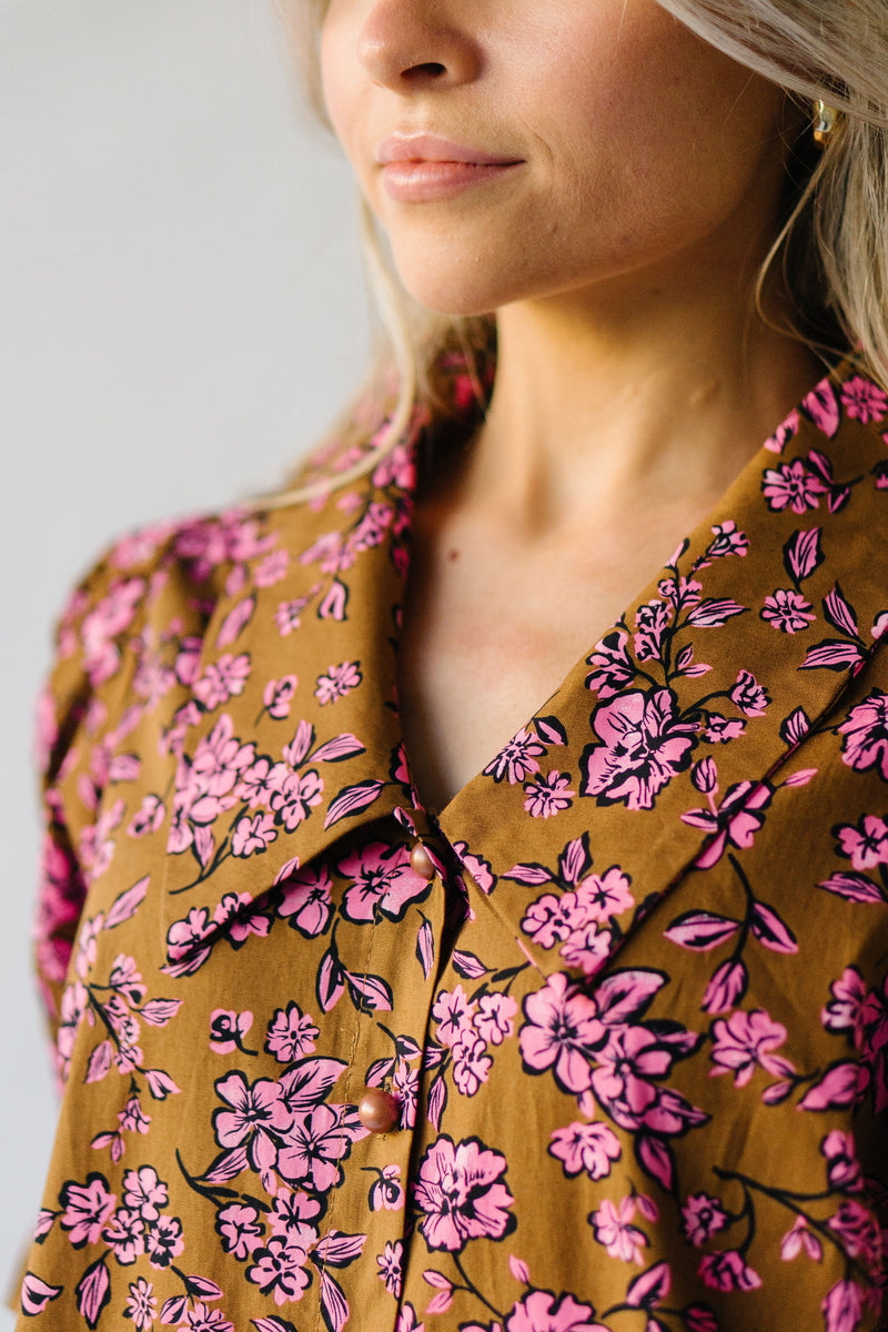 The Waimea Puff Sleeve Patterned Blouse in Brown