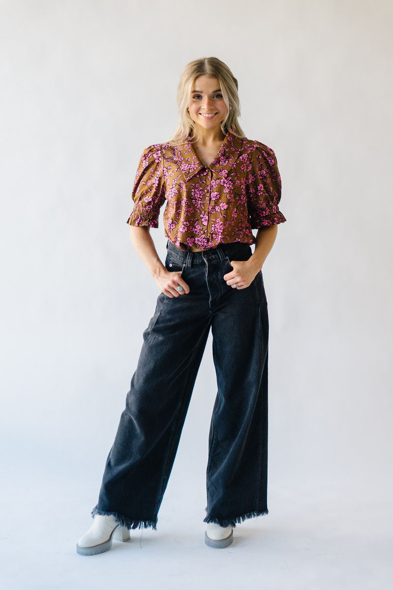 The Waimea Puff Sleeve Patterned Blouse in Brown