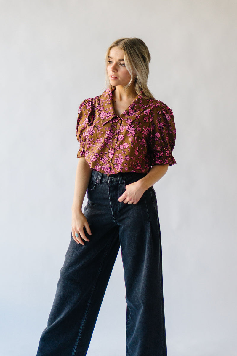 The Waimea Puff Sleeve Patterned Blouse in Brown