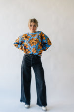 The Monticello Patterned Sweater in Blue, studio shoot; front view