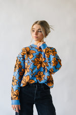 The Monticello Patterned Sweater in Blue, studio shoot; front view