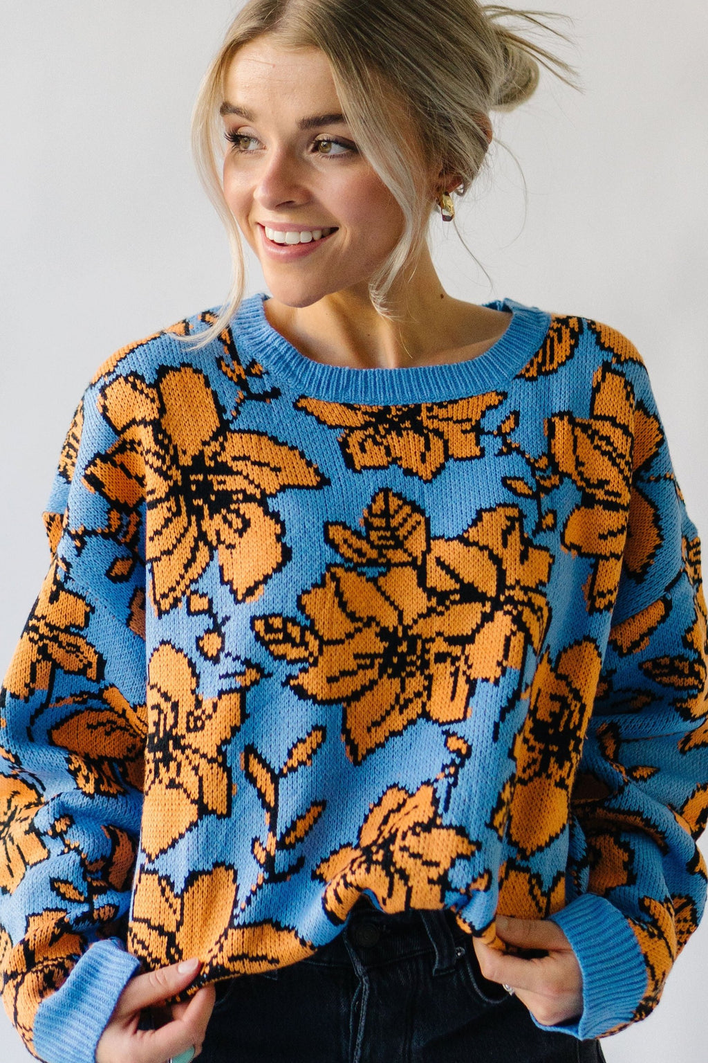 The Monticello Patterned Sweater in Blue, studio shoot; front view