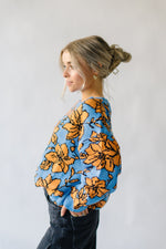 The Monticello Patterned Sweater in Blue, studio shoot; side view