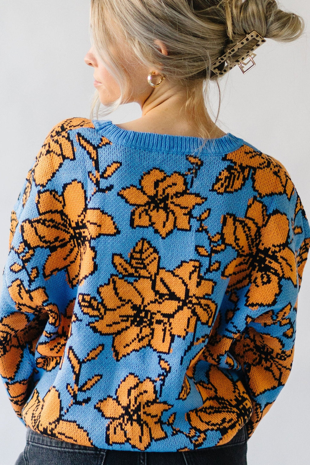 The Monticello Patterned Sweater in Blue, studio shoot; front view