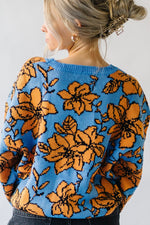 The Monticello Patterned Sweater in Blue, studio shoot; back view