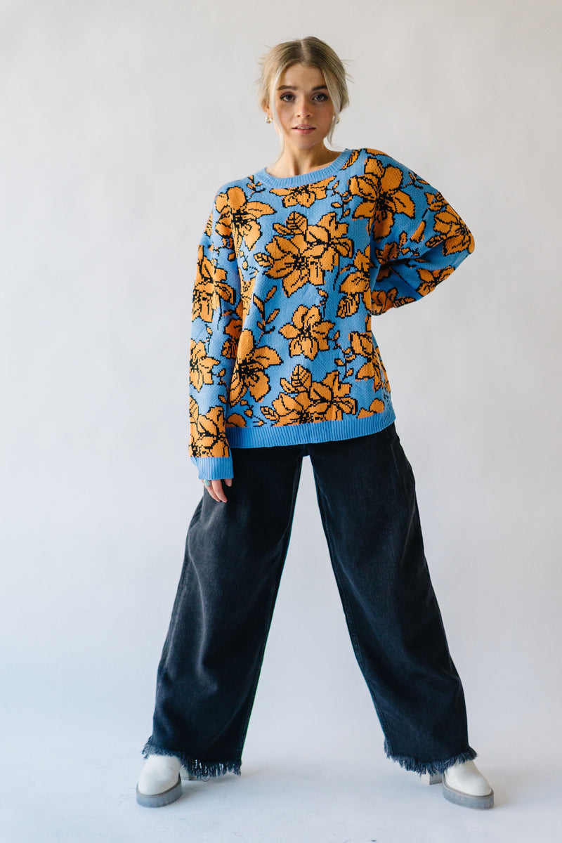 The Monticello Patterned Sweater in Blue, studio shoot; front view