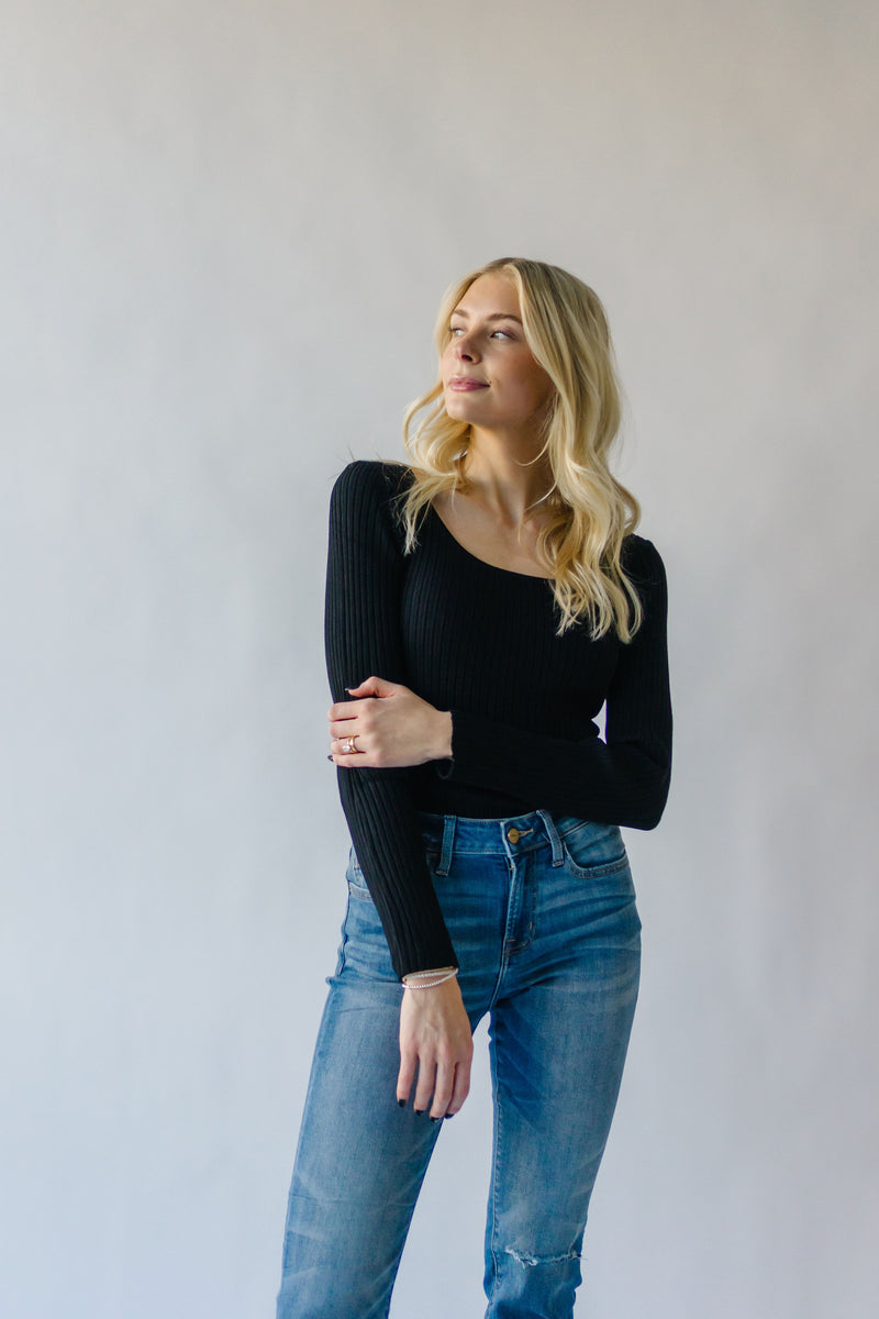 The Jolene Ribbed Long Sleeve Tee in Black