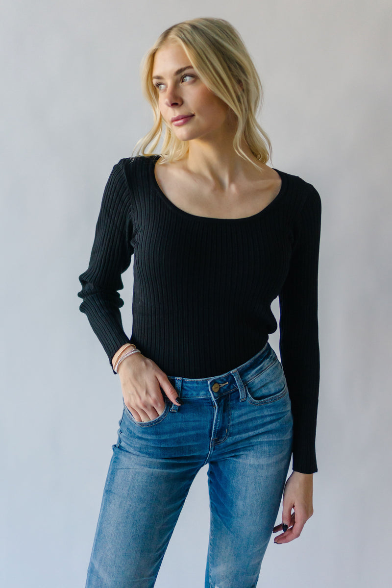 The Jolene Ribbed Long Sleeve Tee in Black