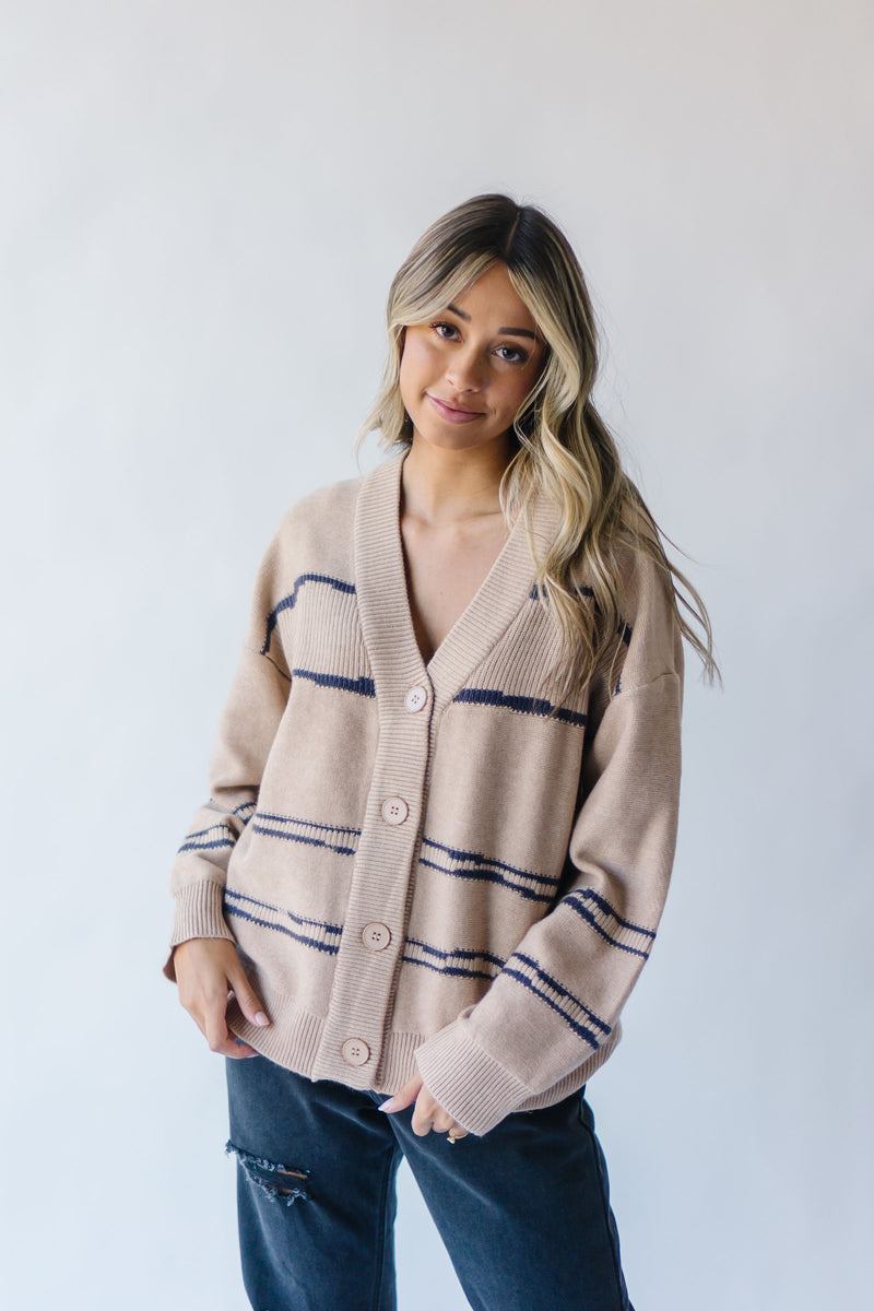 The Wynona Striped Button Cardigan in Taupe