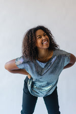 The Zira Short Sleeve Sequin Blouse in Silver + Black