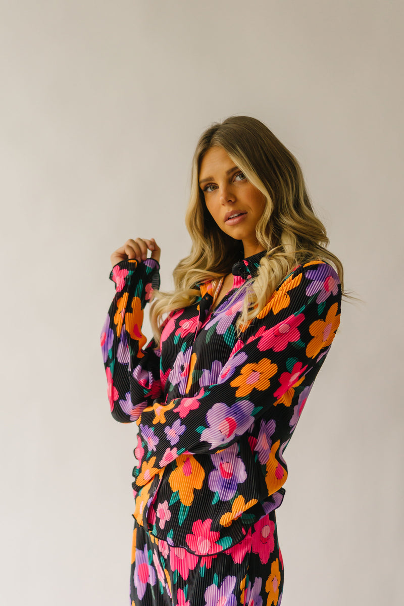 The Donald Pleated Floral Button Up Top in Black