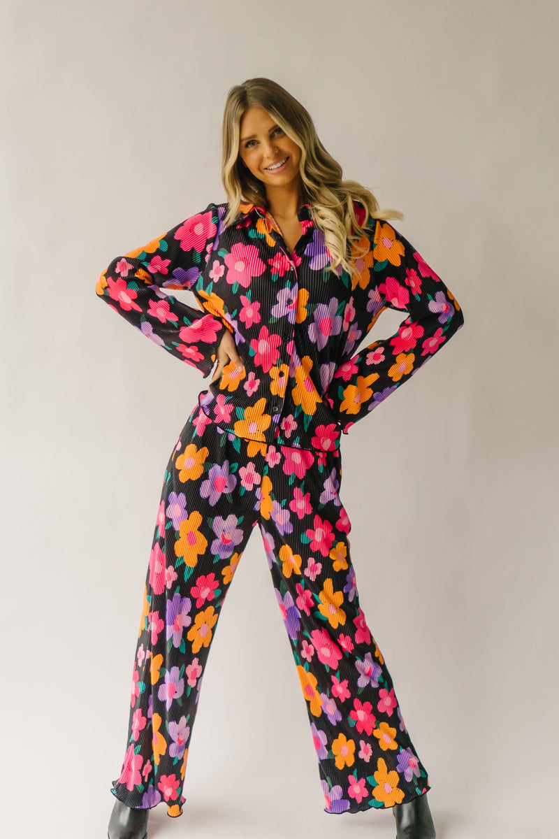 The Donald Pleated Floral Button Up Top in Black