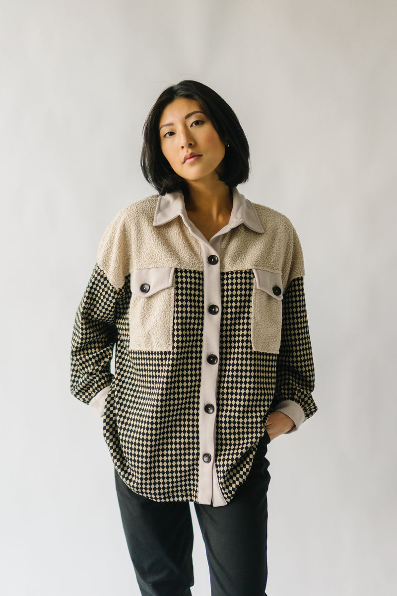 The Carolann Button-Up Shacket in Taupe Multi