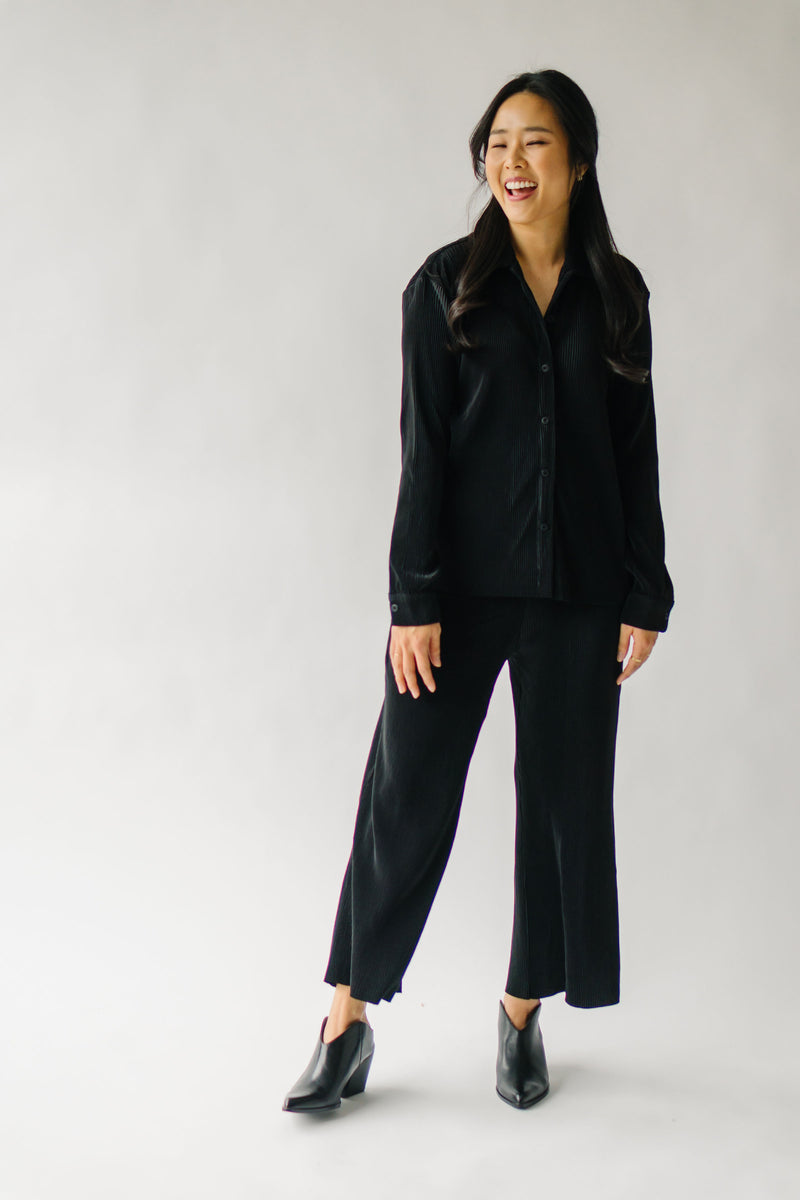 The Serena Crinkle Button Up Blouse in Black