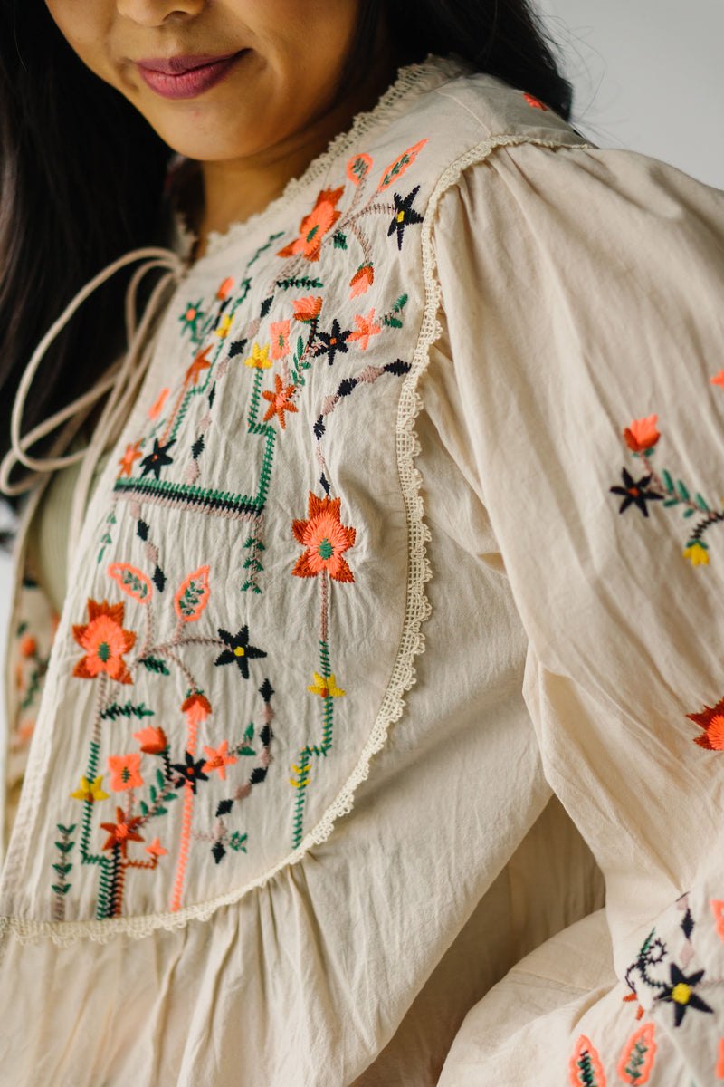 The Kaling Embroidered Puff Sleeve Blouse in Cream