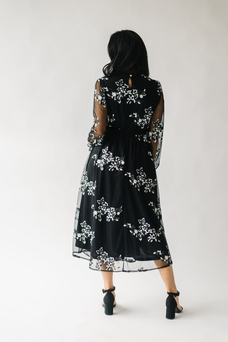 The Amidala Sequin Floral Midi Dress in Black