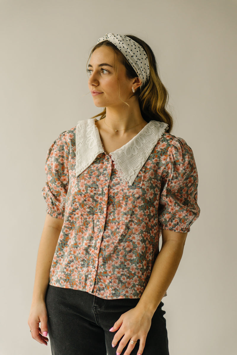 The Avondale Collared Detail Blouse in Sage Floral