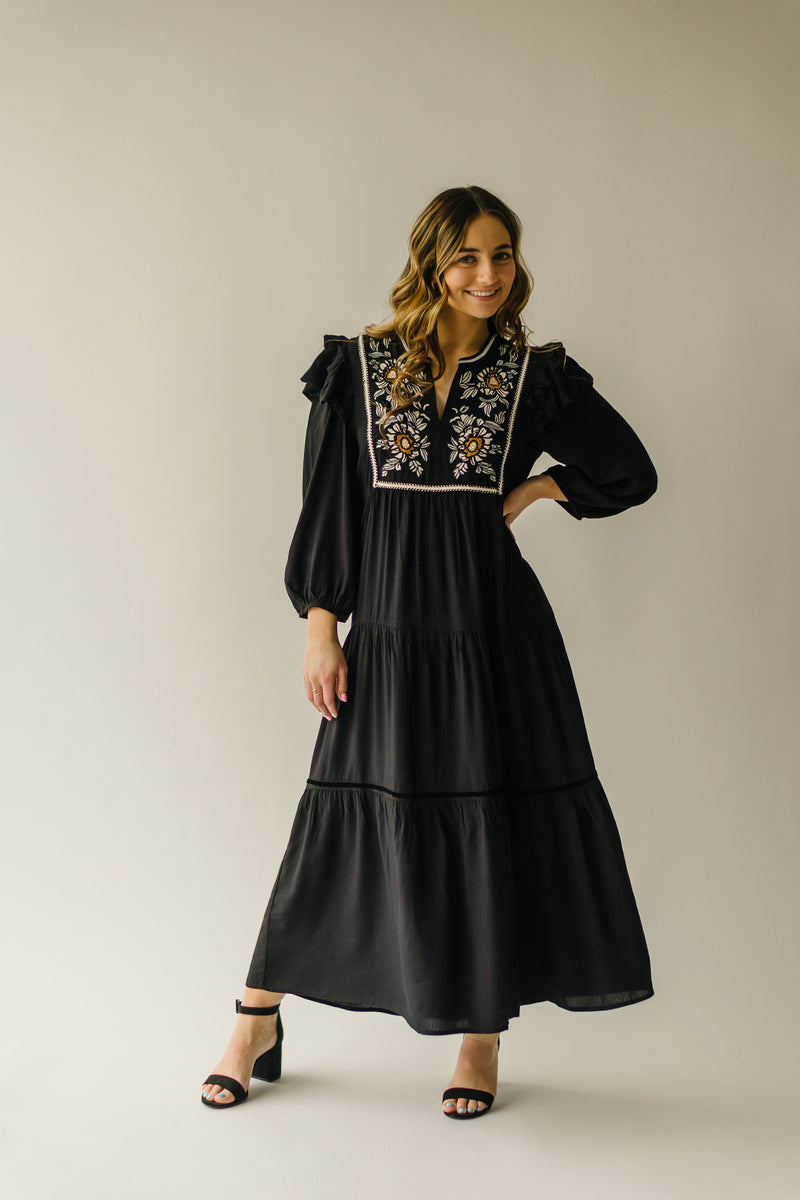 The Kandace Embroidered Midi Dress in Black