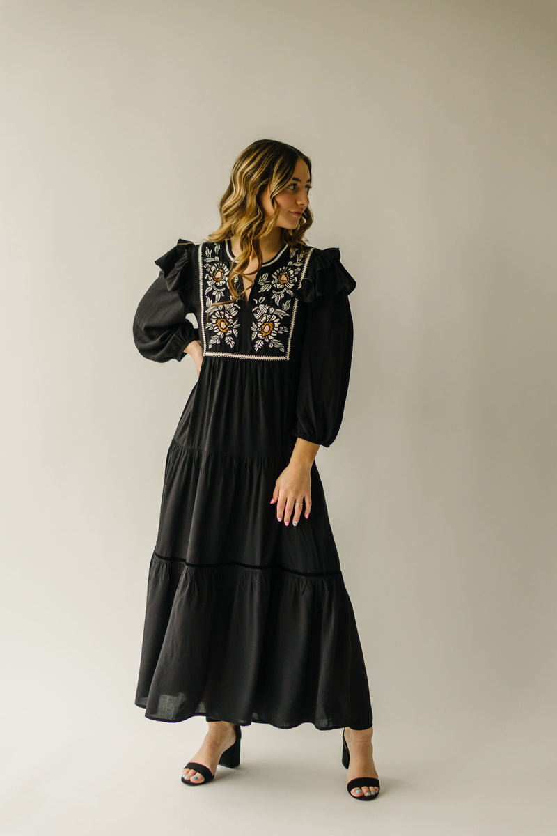 The Kandace Embroidered Midi Dress in Black
