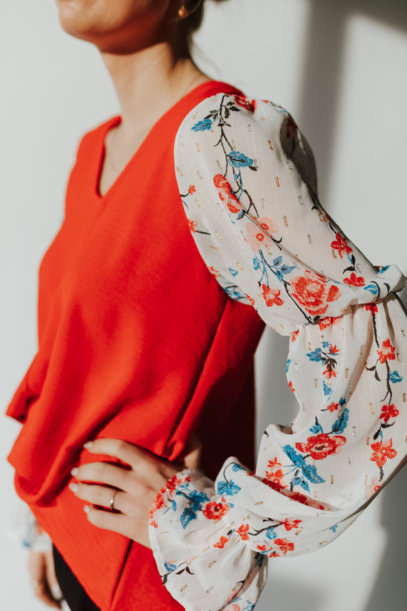 The Carine V-Neck Colorblock Blouse in Red + White