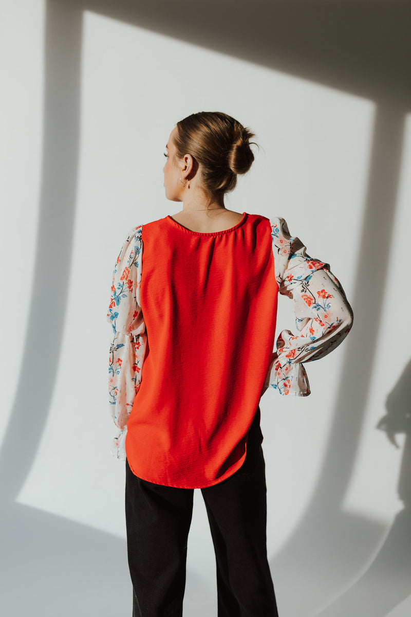 The Carine V-Neck Colorblock Blouse in Red + White