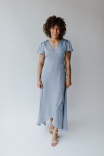 The Lorena Satin Wrap Dress in Blue