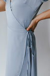 The Lorena Satin Wrap Dress in Blue