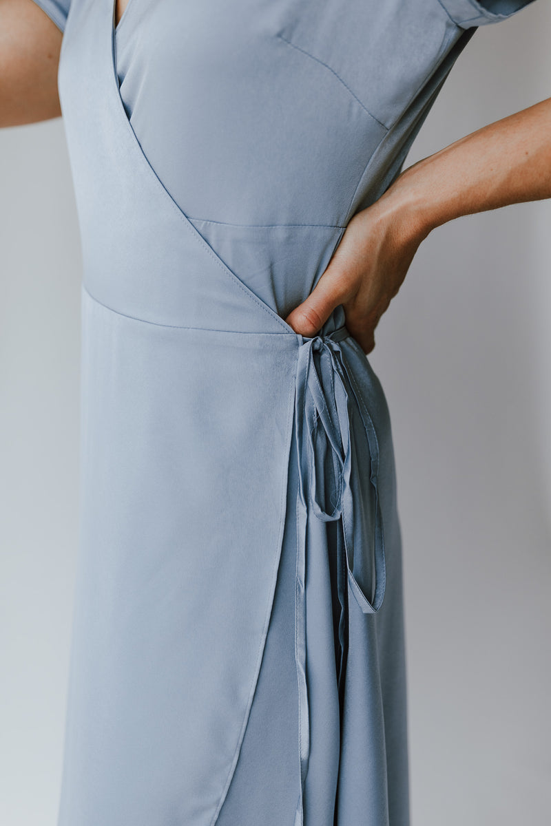 The Lorena Satin Wrap Dress in Blue
