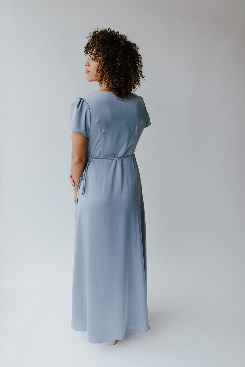 The Lorena Satin Wrap Dress in Blue