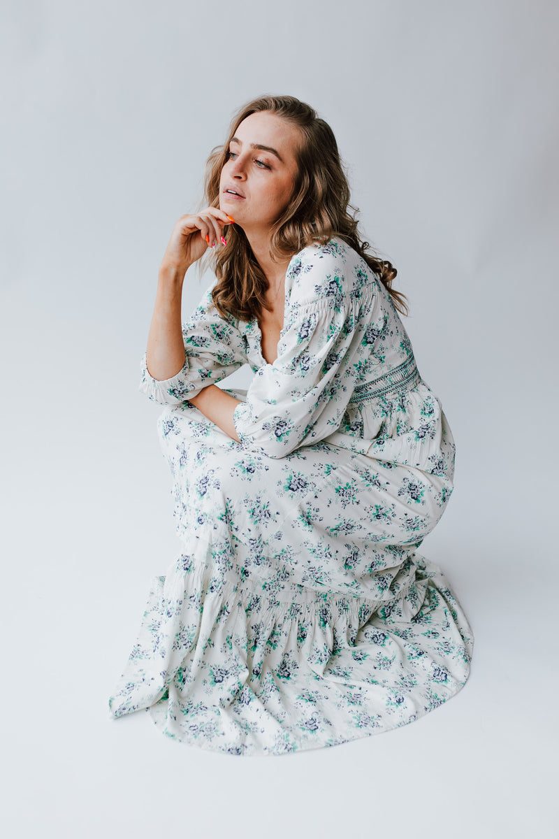 The Fantine Long Sleeve Floral Maxi Dress in Blue